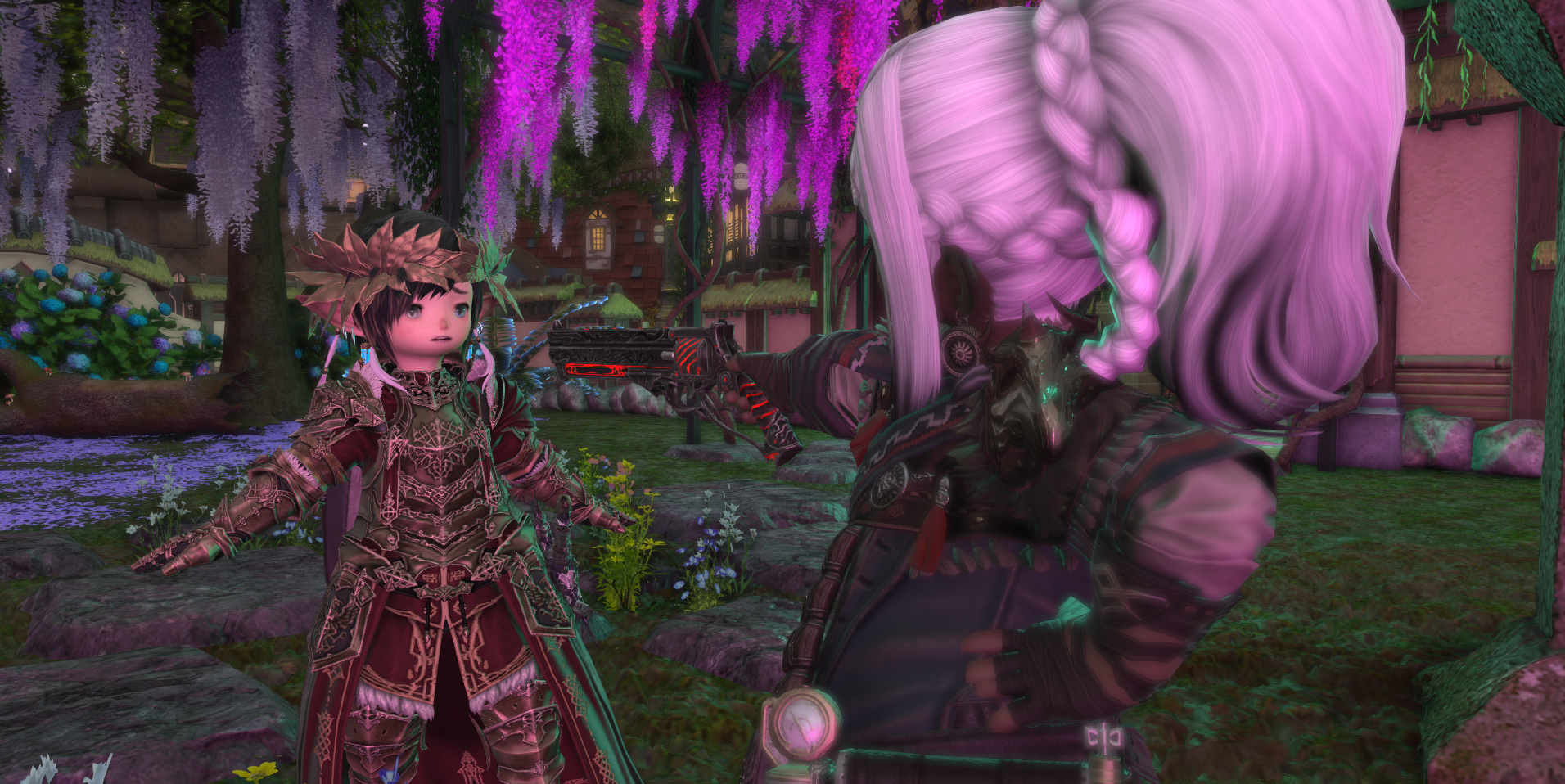 Slathac holding Alanta at gun point.